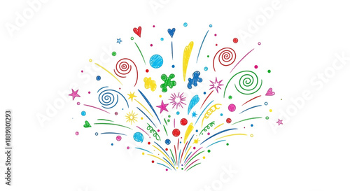 Festive eruption of vibrant playful doodles against a stark white canvas showcasing childlike joy