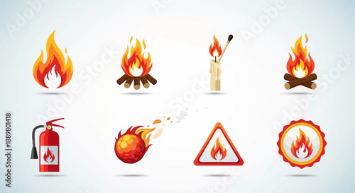 Illustrative collection of vibrant fire symbols and extinguisher promoting safety awareness