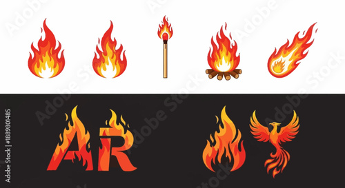 Fiery vector icons showcasing flames, bonfire, meteor, matchstick and phoenix symbols in vivid