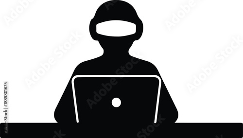 Isolated person wearing VR headset using laptop computer on desk illustration vector