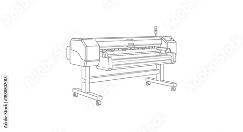 A detailed line drawing showcases a large format plotter printer on wheels emphasizing its industrial design and capabilities