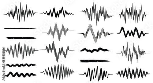 Abstract waveforms and sound visualizations are displayed in a grid arrangement showcasing varying signal patterns high quality professional