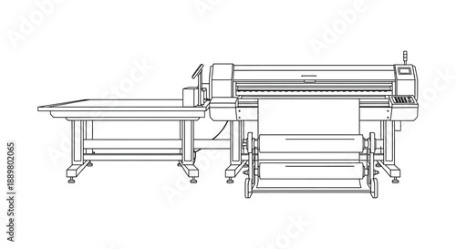 A detailed line drawing showcases an industrial large format printer with a table depicting printing technology high quality