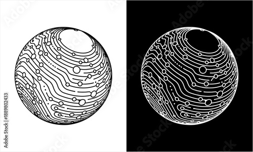 Abstract sphere with intricate lines and dots, a unique artistic representation of a celestial body.