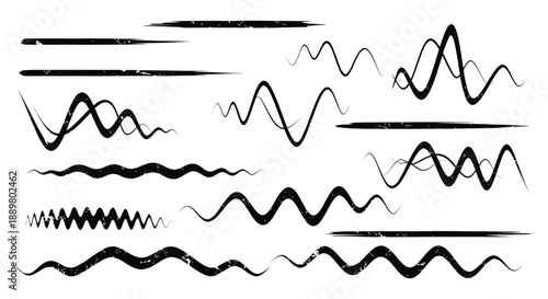 A collection of various black brush stroke lines and waveforms displayed on a plain white background high quality