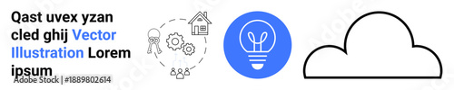 Cloud computing, technology innovation, smart homes, idea generation, system integration, data storage. Lightbulb and gear icons with a cloud outline. Cloud computing and technology innovation