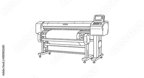 Detailed line art illustration of a large format wide printer with a roll of paper showcasing its industrial design