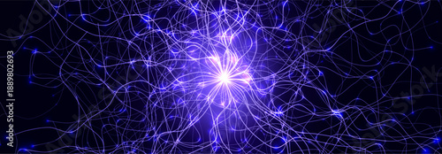 Brain Roots Neural Tree Background Neuron Burst Neuron Connection Lines Glowing Particles Net Pattern. AI Bio Chemical Connections Medical Science Innovative Technology Backdrop. Vector Illustration