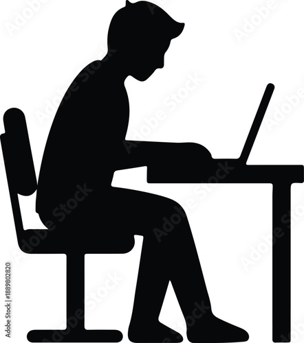Isolated silhouette of a person working on a laptop at a desk illustration vector