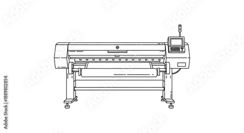 A detailed line drawing showcases a large format wide printer complete with control panel and roll support structure