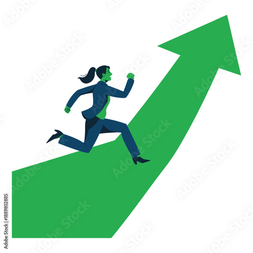 A determined businesswoman runs up a green arrow, symbolizing growth and success in her career.