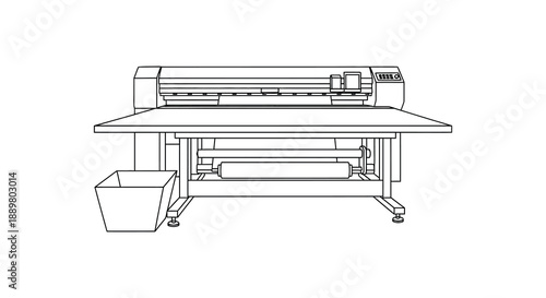 A detailed line drawing showcases a large format printer designed for industrial applications and graphic production high quality