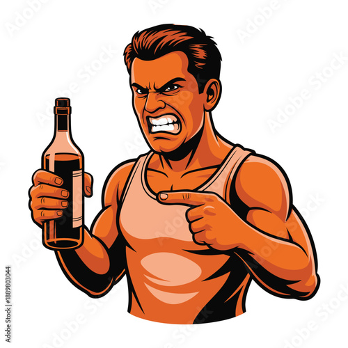 A muscular man in a tank top holding a bottle and pointing aggressively