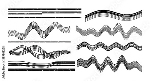 Abstract illustration showcasing various wave patterns and linear arrangements with differing frequencies and amplitudes presented in monochrome