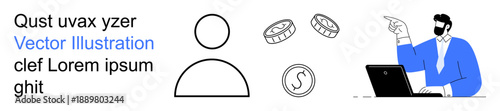Financial planning, business strategy, user communication, online transactions, investment, corporate decisions. Person pointing at a laptop, coins and user icon. Financial planning and business
