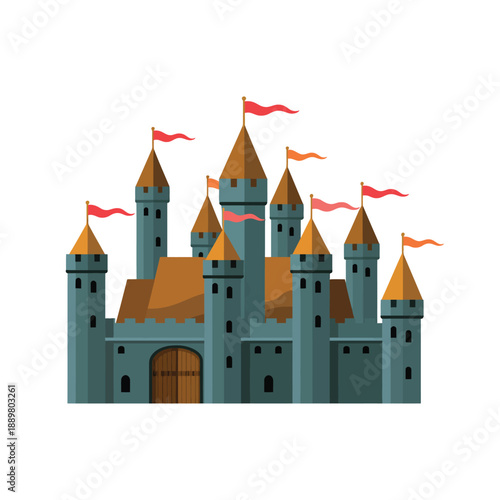 A whimsical cartoon castle with towers and flags on a white background