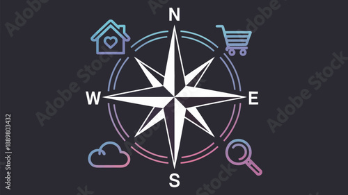 Minimalist compass rose formed by glowing UI elements symbolizing orientation navigation digital marketing business strategy innovation futuristic interface abstract technology visual concept branding