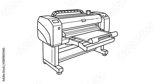 A detailed line drawing depicts a large format plotter printer showcasing its mechanical components and structural design