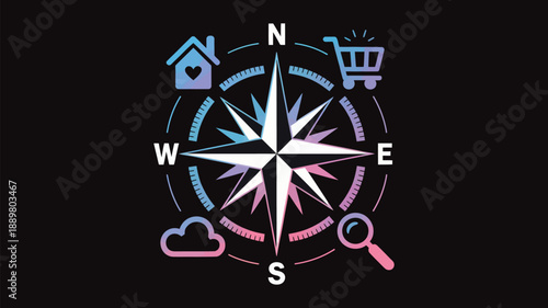 Minimalist compass rose formed by glowing UI elements symbolizing orientation navigation digital marketing business strategy innovation futuristic interface abstract technology visual concept branding