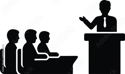Isolated speaker presenting to seated audience at desks illustration vector