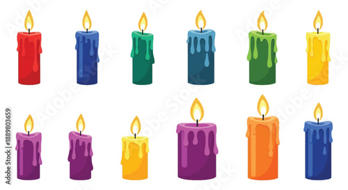 Colorful dripping wax candles illuminate a white background showcasing various hues and a warm flickering light high quality