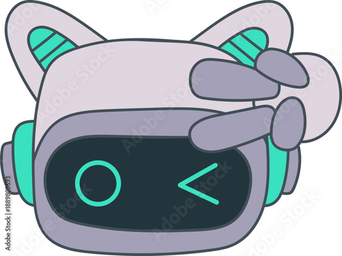Sticker outline emoji chat-bot style face. Playfull emotion. Ai cat robotic avatar illustration