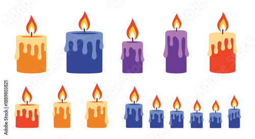 A colorful assortment of lit candles in varying shades and sizes creates a warm inviting ambiance high quality