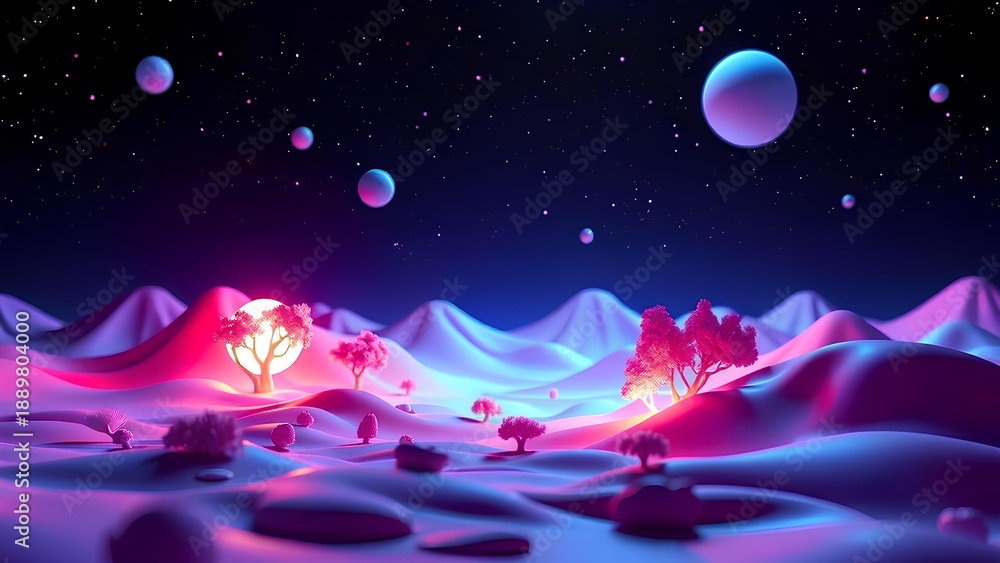 Obraz premium Surreal alien landscape with glowing trees under a starry cosmic sky with planets