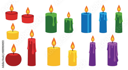 A vibrant collection of brightly colored candles in various shapes and sizes showcasing a rainbow spectrum high quality