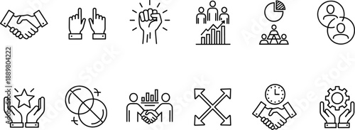Business management icons set for partnership teamwork and strategy