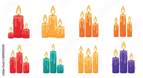 A vibrant assortment of colorful lit candles including red orange green and purple arranged in various groupings