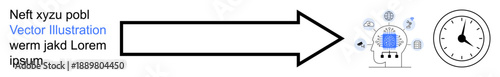 Time management, workflow automation, AI integration, productivity, data processing, technology concepts. Diagram shows an arrow linking AI brain model to a clock. Time management and workflow
