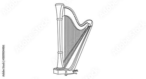 A simple black and white line drawing depicts a classic concert harp showcasing its elegant curves and numerous strings