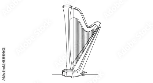 A delicate line drawing showcases a classic concert harp highlighting its elegant curves and stringed instrument form