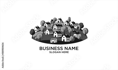 Charming village nestled on a hill with houses and trees, a picturesque community.