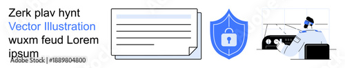 Digital security, data protection, surveillance, online threats, identity management, system monitoring. ion of a document, shield with lock and operator at a console. Cybersecurity and data