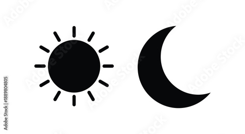 A simple black and white illustration depicts a sun with radiating lines and a crescent moon side by side