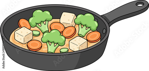 Hand Drawn Minimalist Illustration of Healthy Vegan Tofu Stir-Fry with Broccoli and Carrots in a Frying Pan for Cooking and Wellness Decor