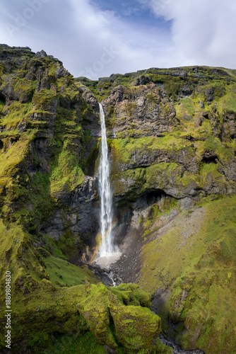vertical view of the Hangandifoss Waterfall in the Mulagljufur Canyon in southern Iceland