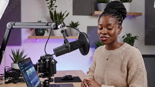 Focused young black female content creator adjusts professional broadcast microphone setup in a well-lit home studio environment for podcasting or live streaming production