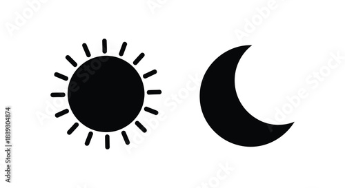 A simple graphic illustration depicts a contrasting duality of the sun and crescent moon symbols in black