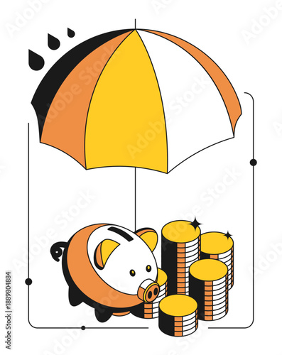 Isometric piggy bank with cash reserves hid under an umbrella from financial instability. Contrast design with thin outline 3D vector isolated on white background
