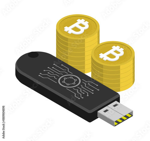 Isometric cryptographic wallet for storing cryptocurrencies in form of a password protected USB flash drive. Isolated cartoon vector set on white background top view