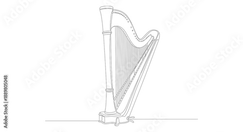 A detailed line drawing depicts a classic harp showcasing its elegant curves and numerous strings with a simple base