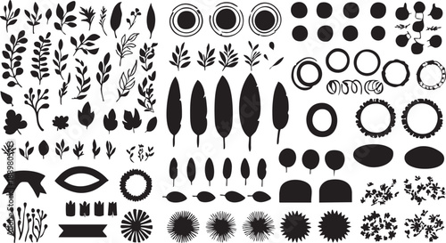 Vector floral elements: leaves, branches, circles, and banners - graphic design assets eps silhouette