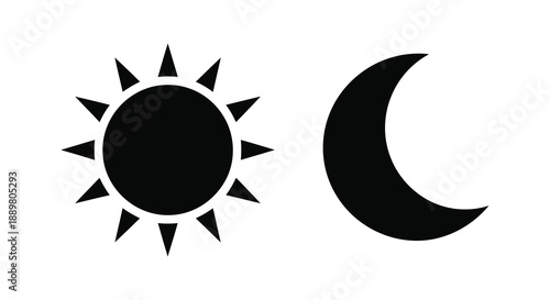 A simple graphic illustration depicts a dark sun with radiating lines beside a crescent moon shape high quality