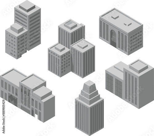 Isometric gray city buildings set, modern office towers and commercial blocks, urban architecture illustration, real estate development concept, white background