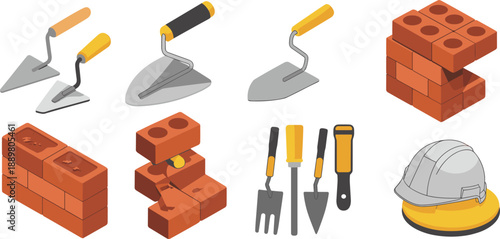 Isometric masonry and construction tools set with trowels, bricks, hand tools, safety helmet illustration isolated on white