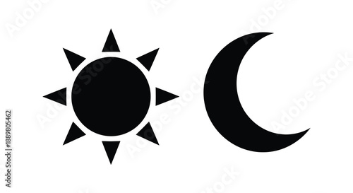 A simple depiction showcases a black sun with radiating rays alongside a crescent moon representing duality high quality