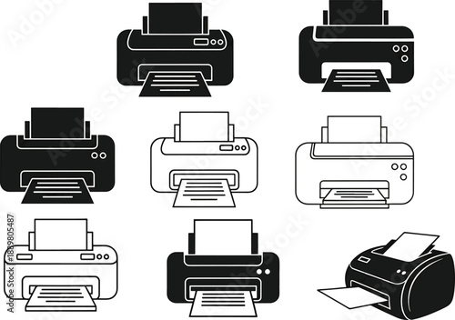 Vector printer icons collection in silhouette and outline style set